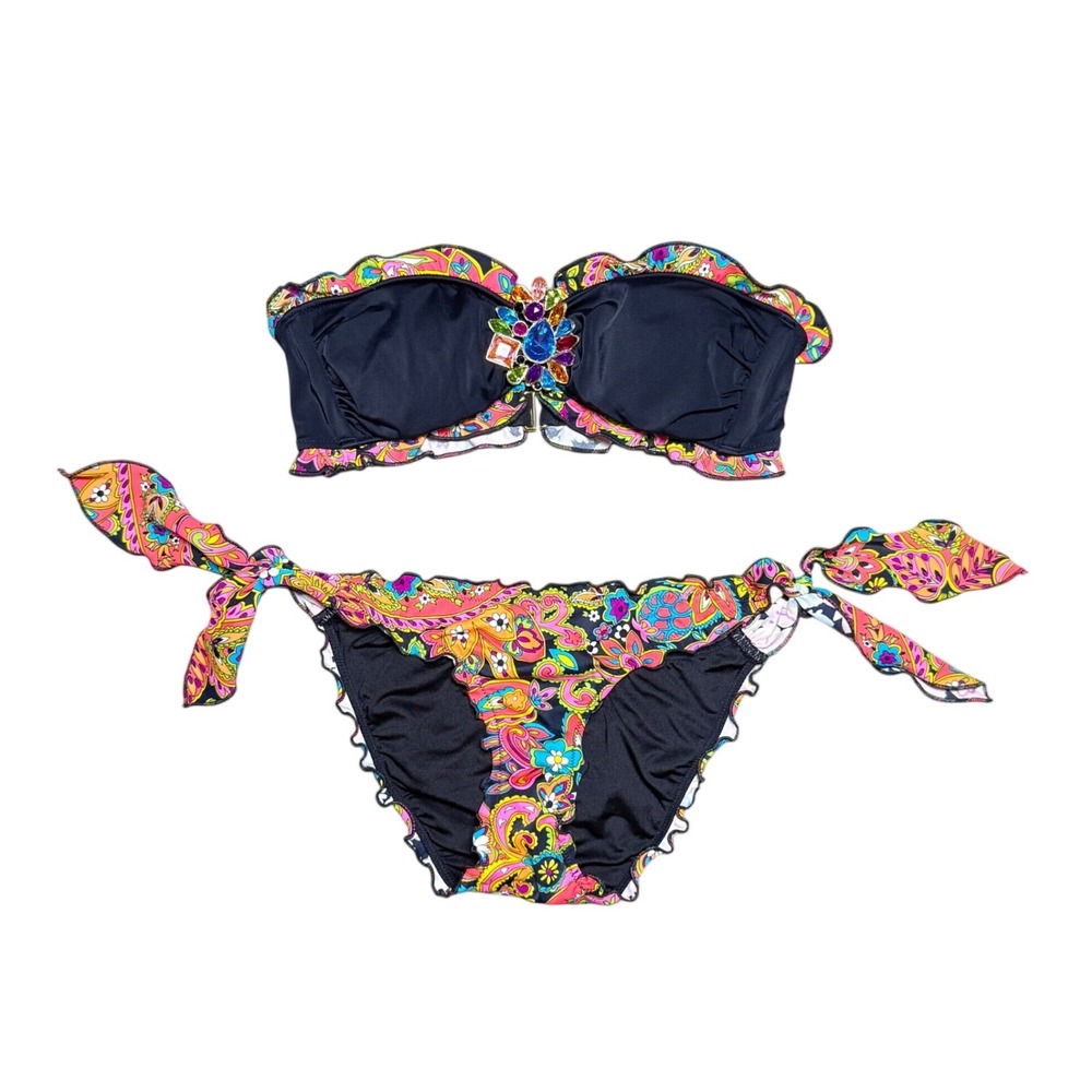 Victorias Secret Paisley Jewel Bandeau Bikini Set Black Floral Ruffle Swim Suit